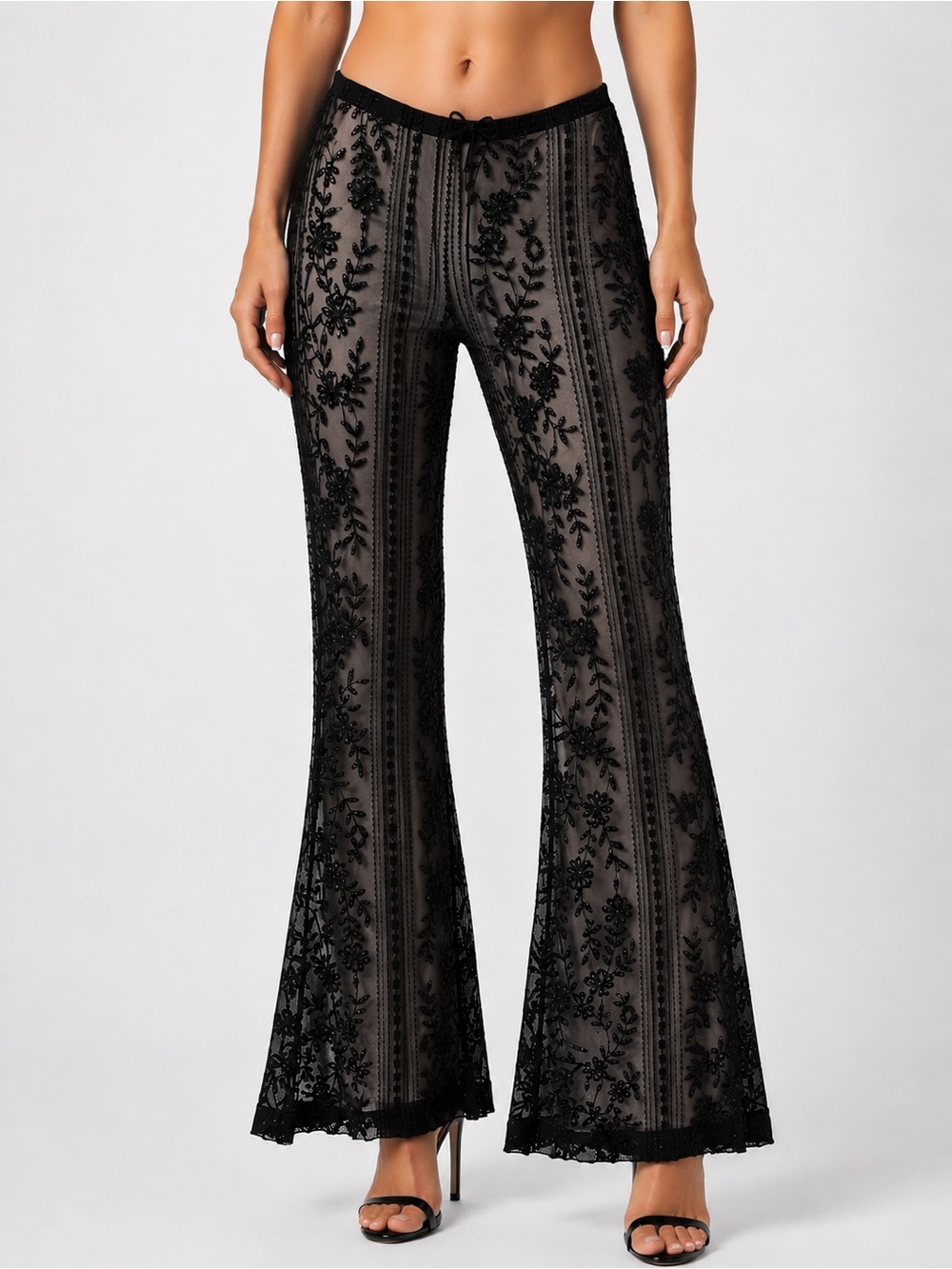 AKIRA Black Floral Sequin Mesh Flare Pants Sheer Overlay Statement Pants